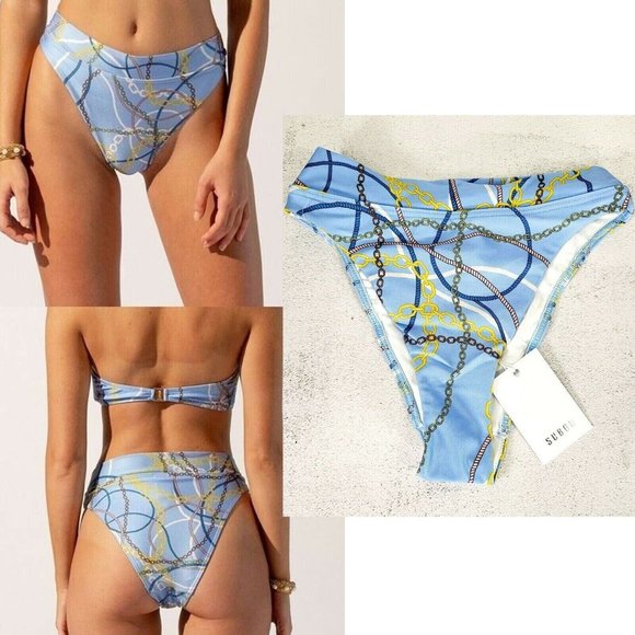 Suboo Swimsuit Womens XS Bikini Bottom High Waisted Blue Chain Contour Stretch - Picture 1 of 11